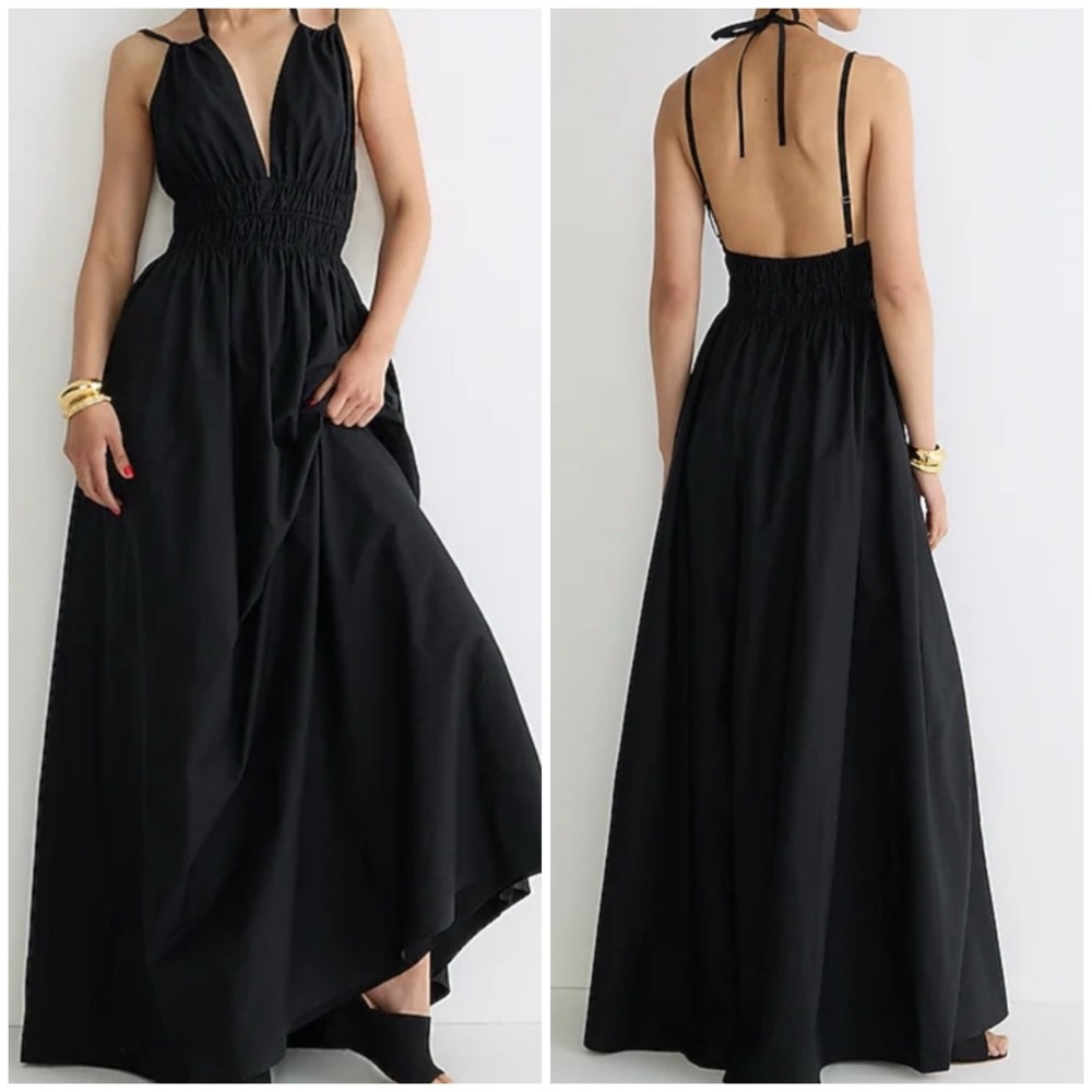 J Crew Collection Black Cotton Poplin Maxi Dress V Neck Double Strap Size Small - Picture 1 of 4
